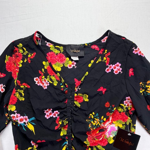 Wishful Thinking Tops - Wishful Black‎ Floral Print Ruched V Neck 3/4 Sleeve Peplum Top XL Grande